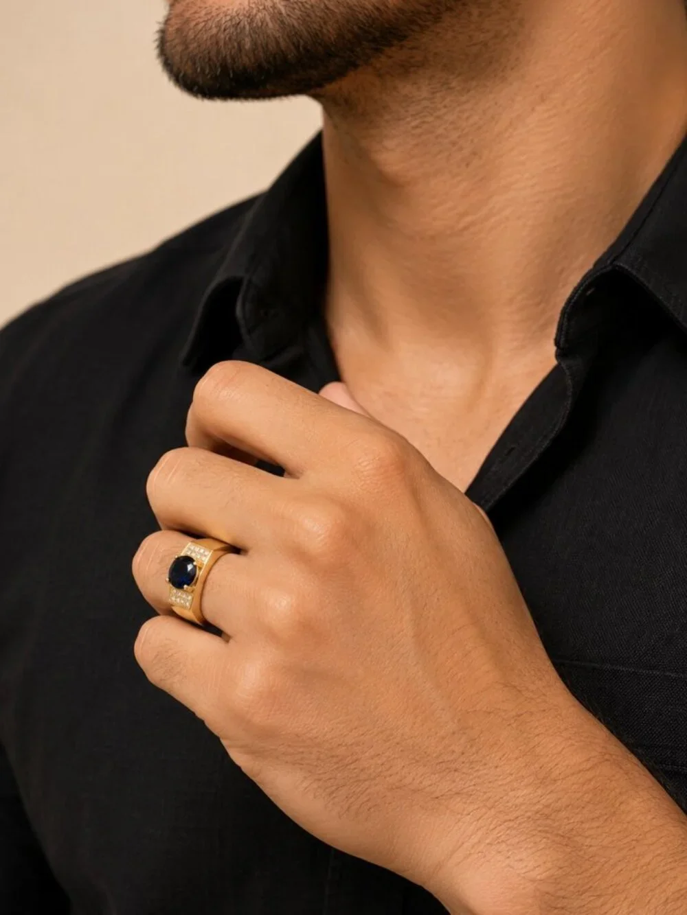 Deep Blue Saphire Statement Ring-14K Gold Plated-Unisex-Brand New